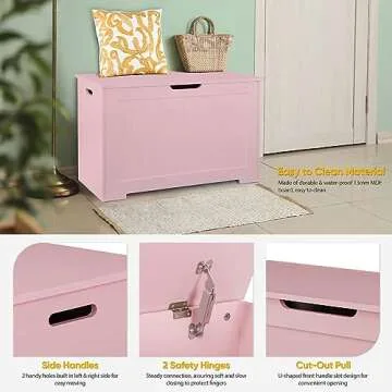 Epetlover Wooden Storage Chest Box with Flip-top Lid & Safety Hinge, Living Room Organizer, Bedroom Bench with 100L Storing Area, Pink