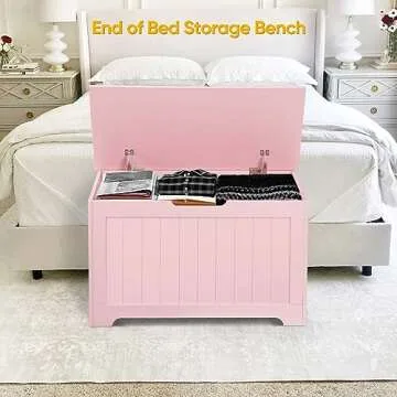 Epetlover Wooden Storage Chest Box with Flip-top Lid & Safety Hinge, Living Room Organizer, Bedroom Bench with 100L Storing Area, Pink