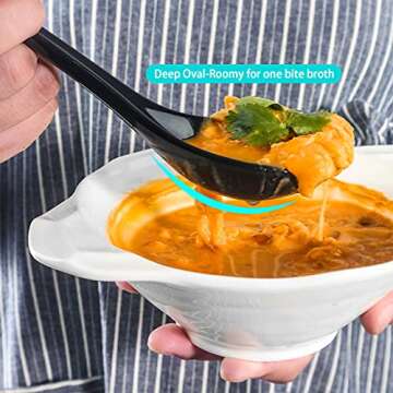 Artena 6.75-inch Asian Soup Spoon Set of 6, Ultra-fine Porcelain Japanese Soup Spoon, Black Ramen Spoons for Pho Noodles Miso, Chinese Soup Spoons for Dumpling Wonton Cereal, Deep Oval Hook Design