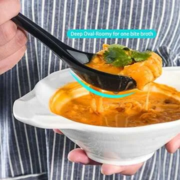 Artena 6.75-inch Asian Soup Spoon Set of 6, Ultra-fine Porcelain Japanese Soup Spoon, Black Ramen Spoons for Pho Noodles Miso, Chinese Soup Spoons for Dumpling Wonton Cereal, Deep Oval Hook Design