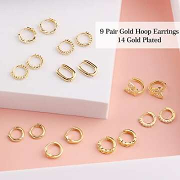 ASH'S CHOICE 9 Pairs Small Gold Huggie Hoop Earrings Set for Women,14K Gold Plated Hypoallergenic Mini Cartilage Hoop earrings for Women Trendy