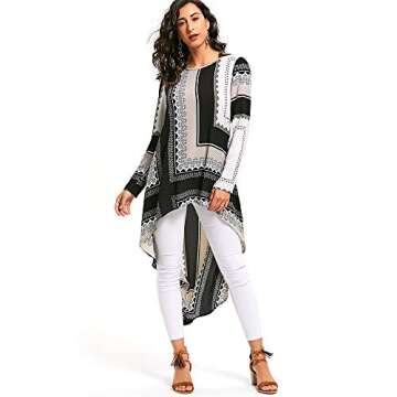 CharMma Women's Round Neck Long Sleeves Tribal Print High Low Blouse Dress (Colormix, M)