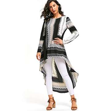 CharMma Women's Round Neck Long Sleeves Tribal Print High Low Blouse Dress (Colormix, M)