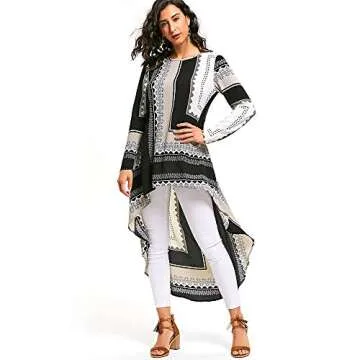 CharMma Women's Round Neck Long Sleeves Tribal Print High Low Blouse Dress (Colormix, M)