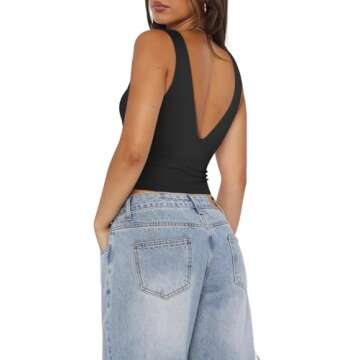 REORIA Women's Summer Sexy Plunge Deep V Neck Sleeveless V Backless Tank Top Double Lined Workout Yoga Crop Tops Black Large -