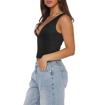 REORIA Women's Summer Sexy Plunge Deep V Neck Sleeveless V Backless Tank Top Double Lined Workout Yoga Crop Tops Black Large -