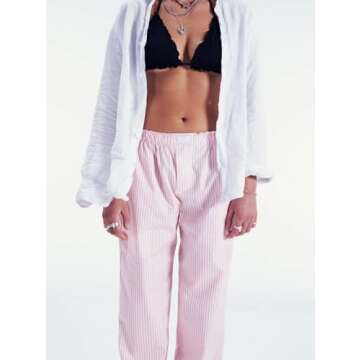 ROAONOCOMO Women Y2K Striped Lounge Pants Pinstriped Wide Leg Pajama Pants Gingham High Waist Relaxe...