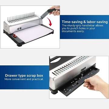 ATPEAM Comb Binding Machine 21-Holes 450 Sheets Capacity with 100 PCS 3/8'' Spines Comb Binding Machine for Letter Size, A4, A5