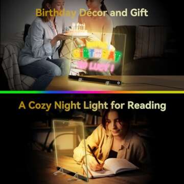 Acrylic Dry Erase Board with Light, 13.7"X10" 6-Color Neon Glow Memo LED Light-Up Message Note Board with Stand as Night Light for Room/Store/Office/Festival/Gift, Touch Control, 7 Markers