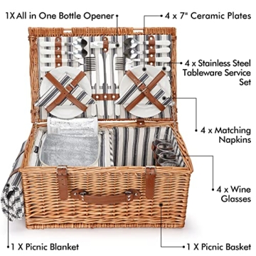 Picnic Basket with Cooler, Blanket & Wine Glasses for 4