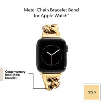 Anne Klein Fashion Chain Bracelet for Apple Watch, Secure, Adjustable, Apple Watch Replacement Band, Fits Most Wrists (42/44/45mm, Gold),WK-1017GPGP