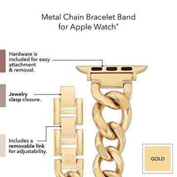 Anne Klein Fashion Chain Bracelet for Apple Watch, Secure, Adjustable, Apple Watch Replacement Band, Fits Most Wrists (42/44/45mm, Gold),WK-1017GPGP
