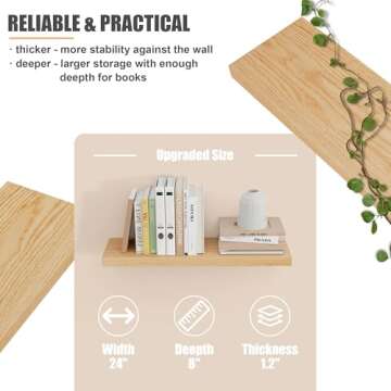 Natural Oak Floating Shelves for Wall, 24" W x 8" D x 1.2" H Wall Mounted Rustic Wooden Display Shelves for Living Room Bathroom Bedroom Kitchen with Heavy-Duty Bracket, Natural Oak Finish, Set of 2