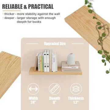 Natural Oak Floating Shelves for Wall, 24" W x 8" D x 1.2" H Wall Mounted Rustic Wooden Display Shelves for Living Room Bathroom Bedroom Kitchen with Heavy-Duty Bracket, Natural Oak Finish, Set of 2