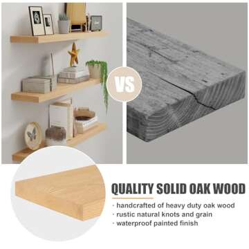Natural Oak Floating Shelves for Wall, 24" W x 8" D x 1.2" H Wall Mounted Rustic Wooden Display Shelves for Living Room Bathroom Bedroom Kitchen with Heavy-Duty Bracket, Natural Oak Finish, Set of 2