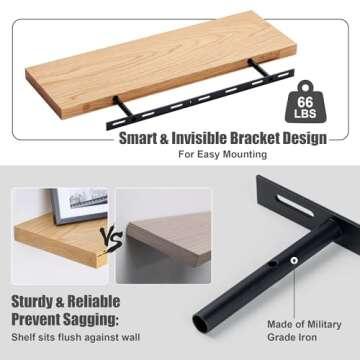 Natural Oak Floating Shelves for Wall, 24" W x 8" D x 1.2" H Wall Mounted Rustic Wooden Display Shelves for Living Room Bathroom Bedroom Kitchen with Heavy-Duty Bracket, Natural Oak Finish, Set of 2