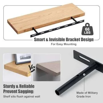 Natural Oak Floating Shelves for Wall, 24" W x 8" D x 1.2" H Wall Mounted Rustic Wooden Display Shelves for Living Room Bathroom Bedroom Kitchen with Heavy-Duty Bracket, Natural Oak Finish, Set of 2