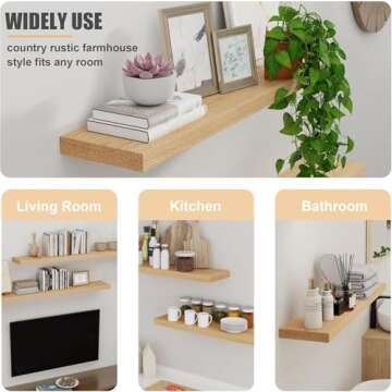 Natural Oak Floating Shelves for Wall, 24" W x 8" D x 1.2" H Wall Mounted Rustic Wooden Display Shelves for Living Room Bathroom Bedroom Kitchen with Heavy-Duty Bracket, Natural Oak Finish, Set of 2