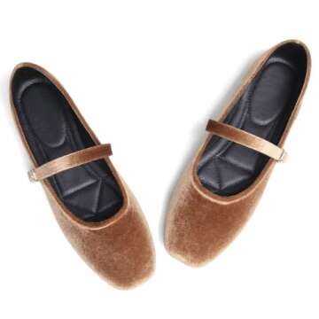 Stunner Velvet Flats for Women Women's Mary Jane Shoes Retro Square Toe Ballet Flats Comfortable Buckle Strap Flats Brown 39(7.5)