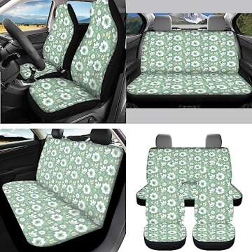 FUIBENG Sage Green Flower Auto Seat Covers Set of 12 Pcs,Universal Fit Groovy Flower Auto Steering Wheel Protection Daisy Auto Shoulder Seatbelt Pads Keychains Armrest Cushion Coaster for All Cars
