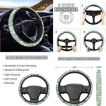 FUIBENG Sage Green Flower Auto Seat Covers Set of 12 Pcs,Universal Fit Groovy Flower Auto Steering Wheel Protection Daisy Auto Shoulder Seatbelt Pads Keychains Armrest Cushion Coaster for All Cars