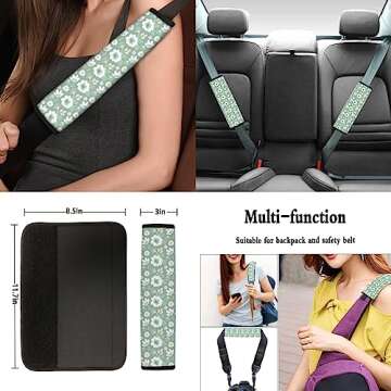 FUIBENG Sage Green Flower Auto Seat Covers Set of 12 Pcs,Universal Fit Groovy Flower Auto Steering Wheel Protection Daisy Auto Shoulder Seatbelt Pads Keychains Armrest Cushion Coaster for All Cars