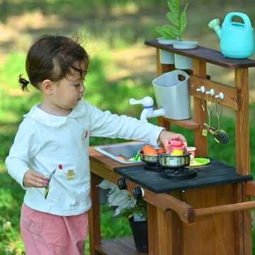 OLLIKIVI Mud Kitchen for Kids Outdoor,Wooden Play Kitchen with Removable Sink, Faucet,Storage Shelves, Backyard Garden Toddler Kitchen Playest, Kitchenware, Stove, Gift for Boys and Girls