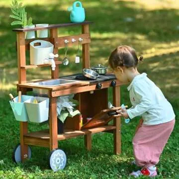 OLLIKIVI Mud Kitchen for Kids Outdoor,Wooden Play Kitchen with Removable Sink, Faucet,Storage Shelves, Backyard Garden Toddler Kitchen Playest, Kitchenware, Stove, Gift for Boys and Girls