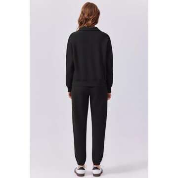 PINSPARK Airport Outfits for Women 2024 Fall 2 Piece Tracksuit Lounge Set Long Sleeve Half Zip Sweatshirt Sweatpants Jogger Sets,Black Large