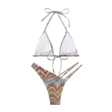 SHENHE Women's 2 Piece Striped Triangle Bikini Sets High Cut Halter Swimsuit Bathing Suit Multicolor S