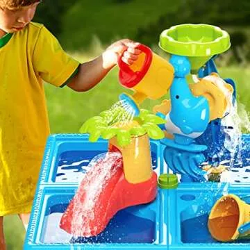 deAO Sand Water Table Toy Sensory Table 4 in 1 Outdoor Sand and Water Play Table Summer Beach Toys Table Activity Sand Water Toys Backyard Outdoor Toys for Toddlers Kids Boys Girls
