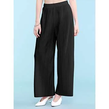 MBJ WB1794 Womens Pleated Wide Leg Pants with Elastic Waist Band-Made in USA L Black