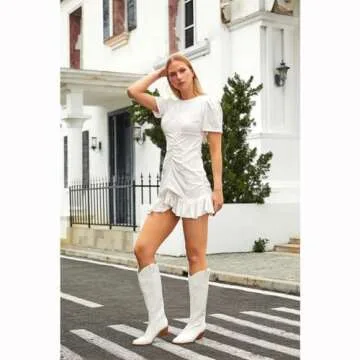 Erocalli White Cowgirl Boot Cowboy Boots for Women Embroidered Pull-On Chunky Stacked Heel Knee High Western Boots