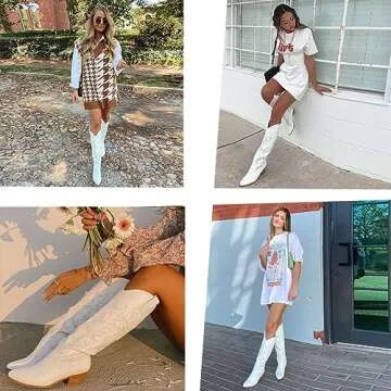 Erocalli White Cowgirl Boot Cowboy Boots for Women Embroidered Pull-On Chunky Stacked Heel Knee High Western Boots