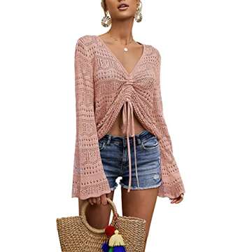 FERBIA Women Crochet Top Beach Cloth Drawstring Shirt Cover Up Oversized Sexy Beachwear Lace Up Tee Poncho Pink