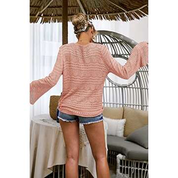 FERBIA Women Crochet Top Beach Cloth Drawstring Shirt Cover Up Oversized Sexy Beachwear Lace Up Tee Poncho Pink
