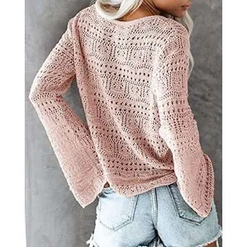FERBIA Women Crochet Top Beach Cloth Drawstring Shirt Cover Up Oversized Sexy Beachwear Lace Up Tee Poncho Pink