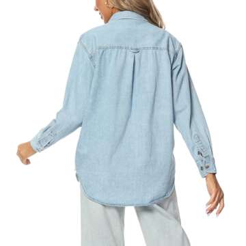 MCEDAR Oversized Denim Shirt for Women Long Sleeves Button Down Boyfriend Jean Jacket with Utility-Pocket Light Blue 12011-M