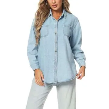 MCEDAR Oversized Denim Shirt for Women Long Sleeves Button Down Boyfriend Jean Jacket with Utility-Pocket Light Blue 12011-M