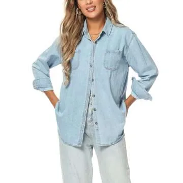 MCEDAR Oversized Denim Shirt for Women Long Sleeves Button Down Boyfriend Jean Jacket with Utility-Pocket Light Blue 12011-M