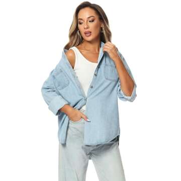 MCEDAR Oversized Denim Shirt for Women Long Sleeves Button Down Boyfriend Jean Jacket with Utility-Pocket Light Blue 12011-M