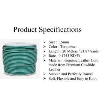 GENIQUE Real/Genuine Round Leather String Cord for Necklace, Bracelets, Jewelry, Kumihimo Braiding, DIY Projects (20 Metres) (1.5mm, Turquoise)