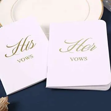 AKITSUMA Vow Books, Set of 2, His and Her Vow Books with Gold Metal Words, Wedding Vows Booklet, Wedding Keepsake, Gift for Wedding (White)