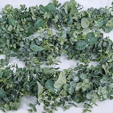 6' Faux Mixed Eucalyptus Leaves Garland Artificial Silver Dollar Eucalyptus with White Seeds in Gray Green for Farmhouse Wedding Backdrop Table Runner Centerpiece Mantel Indoor Outdoor Greenery Decor