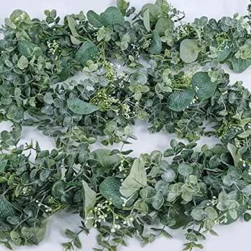 6' Faux Mixed Eucalyptus Leaves Garland Artificial Silver Dollar Eucalyptus with White Seeds in Gray Green for Farmhouse Wedding Backdrop Table Runner Centerpiece Mantel Indoor Outdoor Greenery Decor