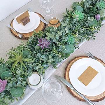 6' Faux Mixed Eucalyptus Leaves Garland Artificial Silver Dollar Eucalyptus with White Seeds in Gray Green for Farmhouse Wedding Backdrop Table Runner Centerpiece Mantel Indoor Outdoor Greenery Decor