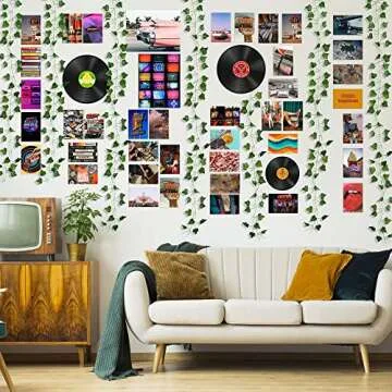 K1tpde 48PCS Wall Art Collage Prints Picture Aesthetic with Fake Vines, Retro Records Picture, Room Decor for Girls, Bedroom, Teens, Colorful Collage Kit