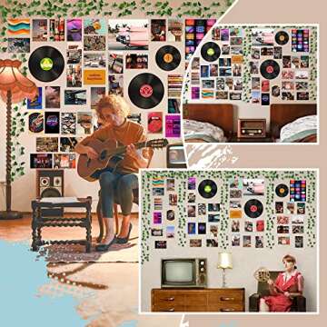 K1tpde 48PCS Wall Art Collage Prints Picture Aesthetic with Fake Vines, Retro Records Picture, Room Decor for Girls, Bedroom, Teens, Colorful Collage Kit