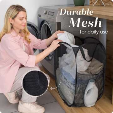 Handy Laundry Collapsible Mesh Pop Up Hamper with Wide Opening and Side Pocket – Breathable, Sturdy, Foldable, and Space-Saving Design for Clothes and Storage. (Black)