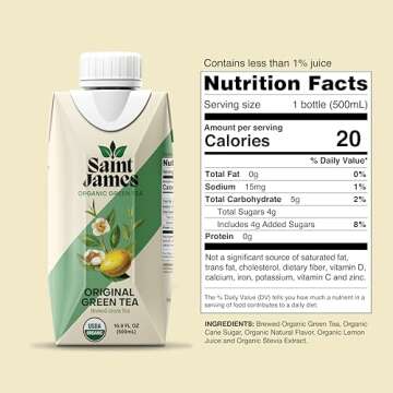Saint James Iced Tea - Organic Green Tea - Non GMO, Gluten Free, Low Calorie & Low Sugar - Original Green Tea, 12 Pack (16.9 fl oz each)